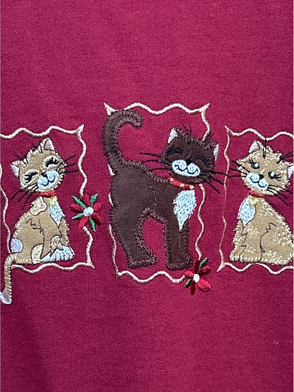 Pleasant Shade Burgundy Sweatshirt with Embroidered Cats, Size X-Large